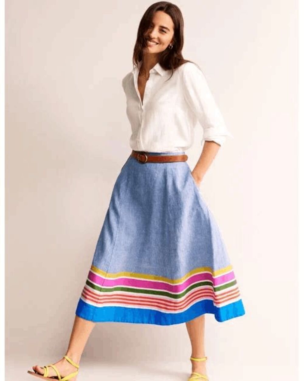 Boden Blue Striped Hem Linen Blend Circle Midi Skirt Women's Size 4 NWT